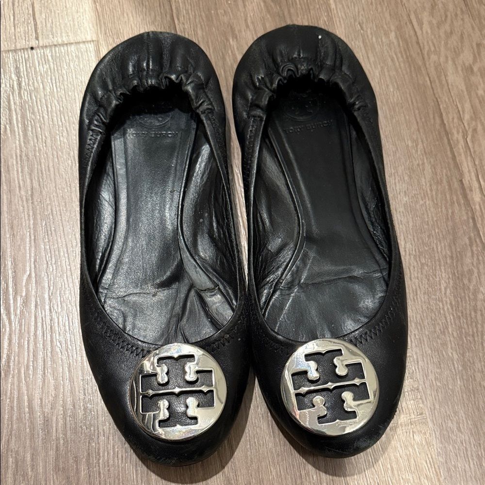 Tory Burch Black Leather Flats with Silver Logo